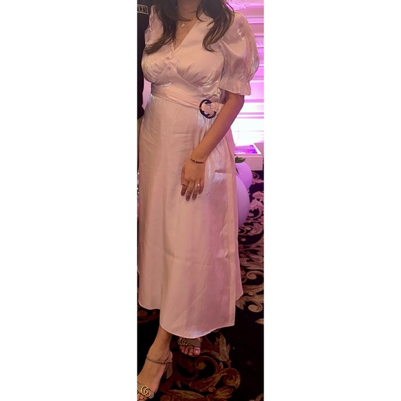 ASOS River Island belted midi dress with puff sleeves in light pink - Picture 5 of 5